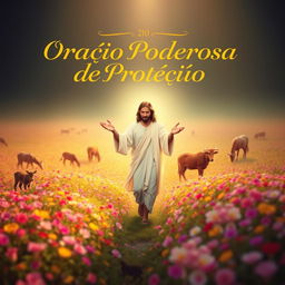 A serene depiction of Jesus Christ walking through a vibrant flower field, surrounded by various animals peacefully grazing in the background