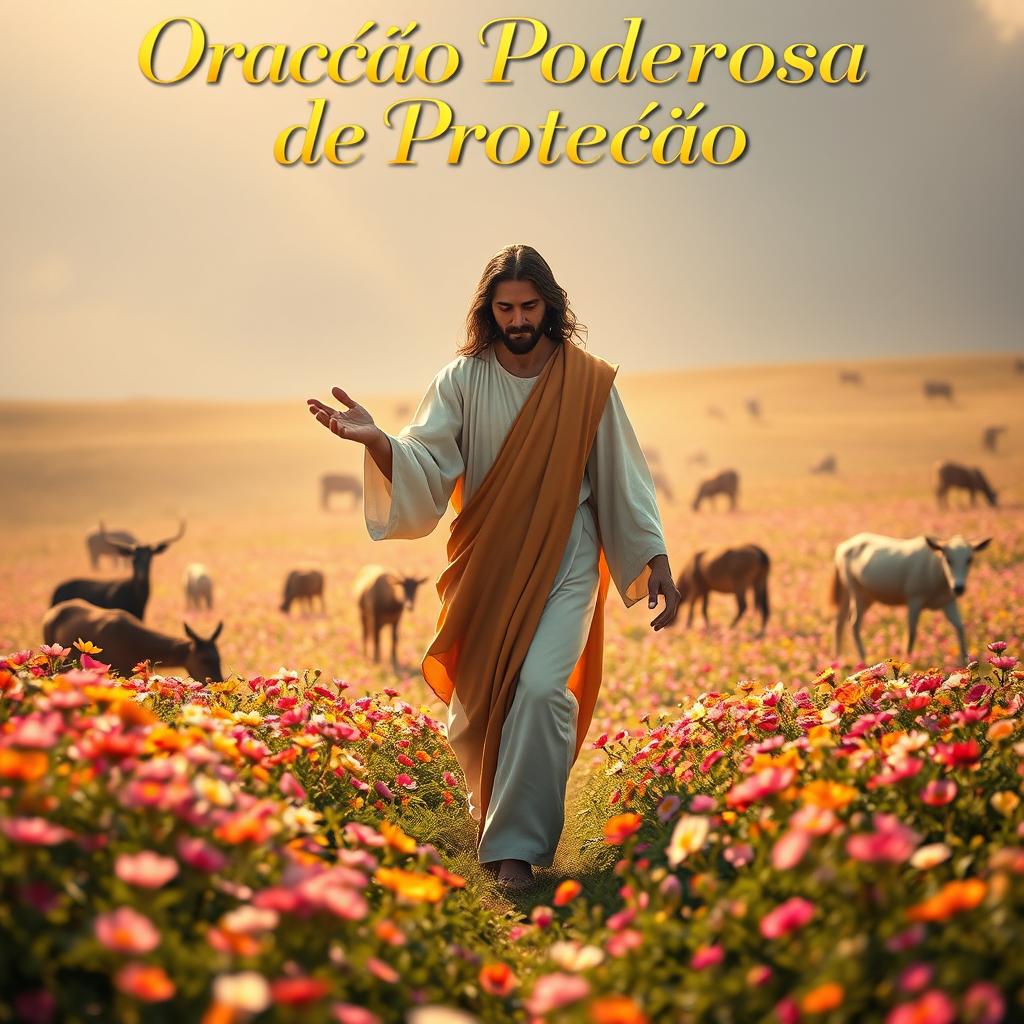 A serene depiction of Jesus Christ walking through a vibrant flower field, surrounded by various animals peacefully grazing in the background