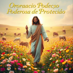 A serene depiction of Jesus Christ walking through a vibrant flower field, surrounded by various animals peacefully grazing in the background