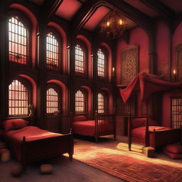 A detailed digital art depiction of the Gryffindor girls' dormitory in Hogwarts