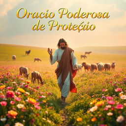 A serene depiction of Jesus Christ walking through a vibrant flower field, surrounded by various animals peacefully grazing in the background