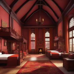 A detailed digital art depiction of the Gryffindor girls' dormitory in Hogwarts