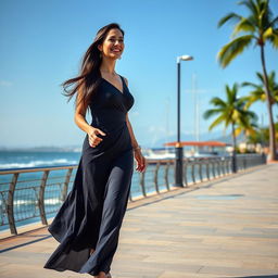 A full-length portrait of a beautiful Colombian woman aged 40-45 with long, flowing dark hair, captured walking gracefully along a picturesque waterfront promenade