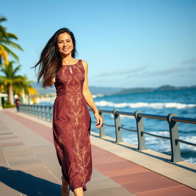 A full-length portrait of a beautiful Colombian woman aged 40-45 with long, flowing dark hair, captured walking gracefully along a picturesque waterfront promenade