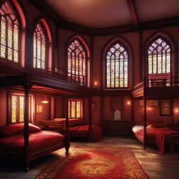 A detailed digital art depiction of the Gryffindor girls' dormitory in Hogwarts