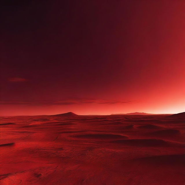 A high-quality digital art image depicting an expansive, flat red land under a vibrant red sky