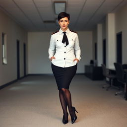 A voluptuous woman wearing a plain white military blouse with pockets and long sleeves, adorned with black epaulettes on her shoulders