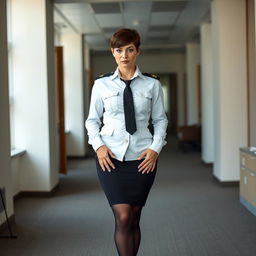 A voluptuous woman wearing a plain white military blouse with pockets and long sleeves, adorned with black epaulettes on her shoulders