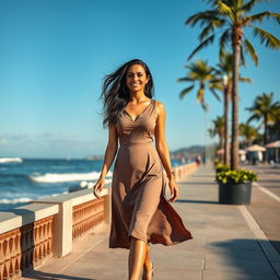 A full-length portrait of a beautiful Colombian woman aged 40-45 with long, flowing dark hair, walking gracefully along a charming waterfront promenade