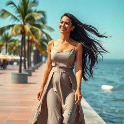 A full-length portrait of a beautiful Colombian woman aged 40-45 with long, flowing dark hair, walking gracefully along a charming waterfront promenade