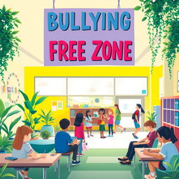 An inspiring image showcasing a 'Bullying Free Zone' within a school setting