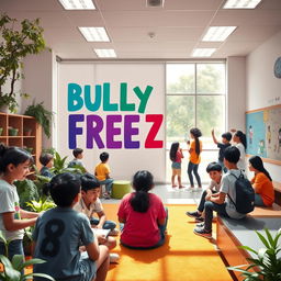 An inspiring image showcasing a 'Bullying Free Zone' within a school setting