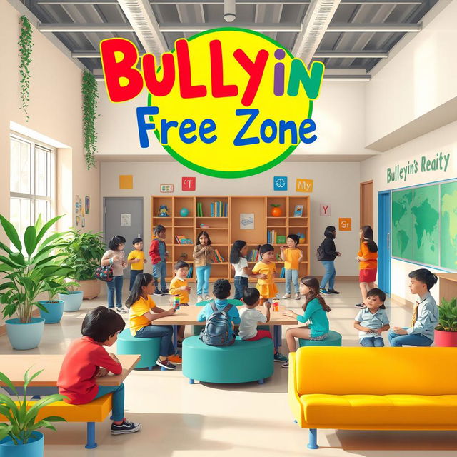 An inspiring image showcasing a 'Bullying Free Zone' within a school setting