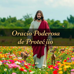 Jesus Christ walking through a field of colorful flowers, with a serene and peaceful expression, surrounded by various animals like deer and birds, evoking a sense of tranquility and divine presence