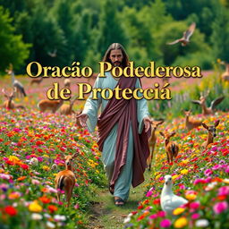 Jesus Christ walking through a field of colorful flowers, with a serene and peaceful expression, surrounded by various animals like deer and birds, evoking a sense of tranquility and divine presence
