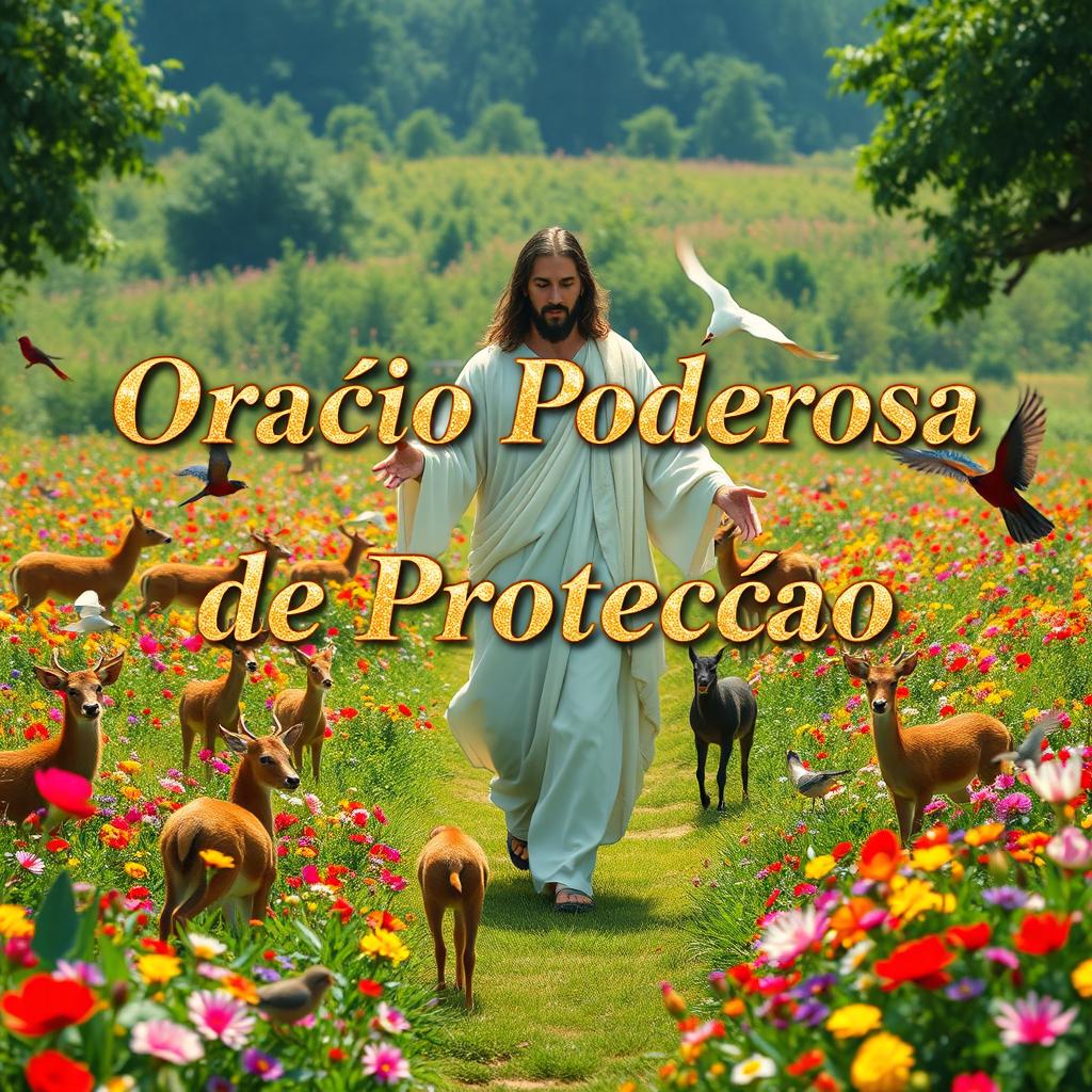 Jesus Christ walking through a field of colorful flowers, with a serene and peaceful expression, surrounded by various animals like deer and birds, evoking a sense of tranquility and divine presence