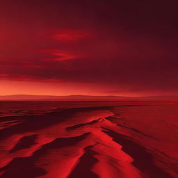 A high-quality digital art image depicting an expansive, flat red land under a vibrant red sky