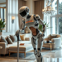 A stunningly beautiful and sexy robot designed for household chores, seamlessly blending human muscularity with mechanical components