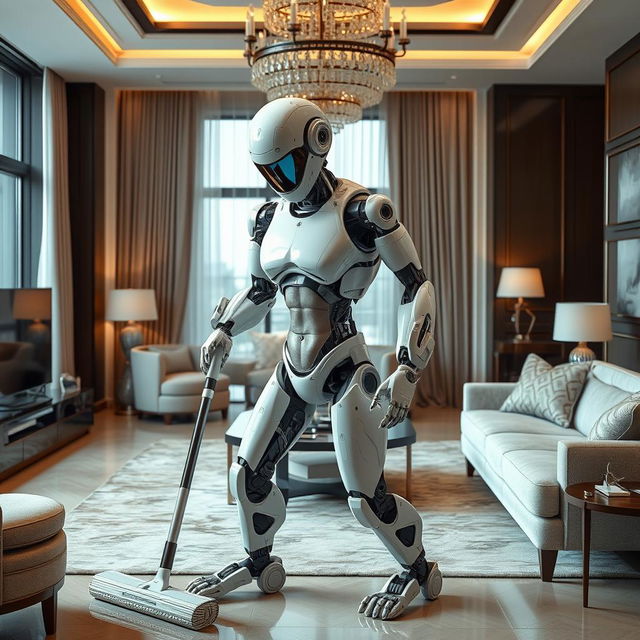 A stunningly beautiful and sexy robot designed for household chores, seamlessly blending human muscularity with mechanical components