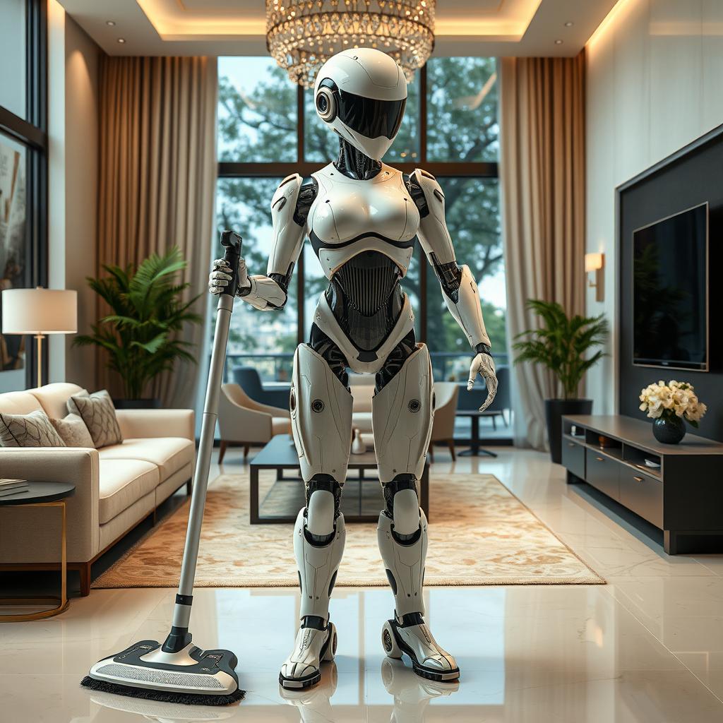 A stunningly beautiful and sexy robot designed for household chores, seamlessly blending human muscularity with mechanical components