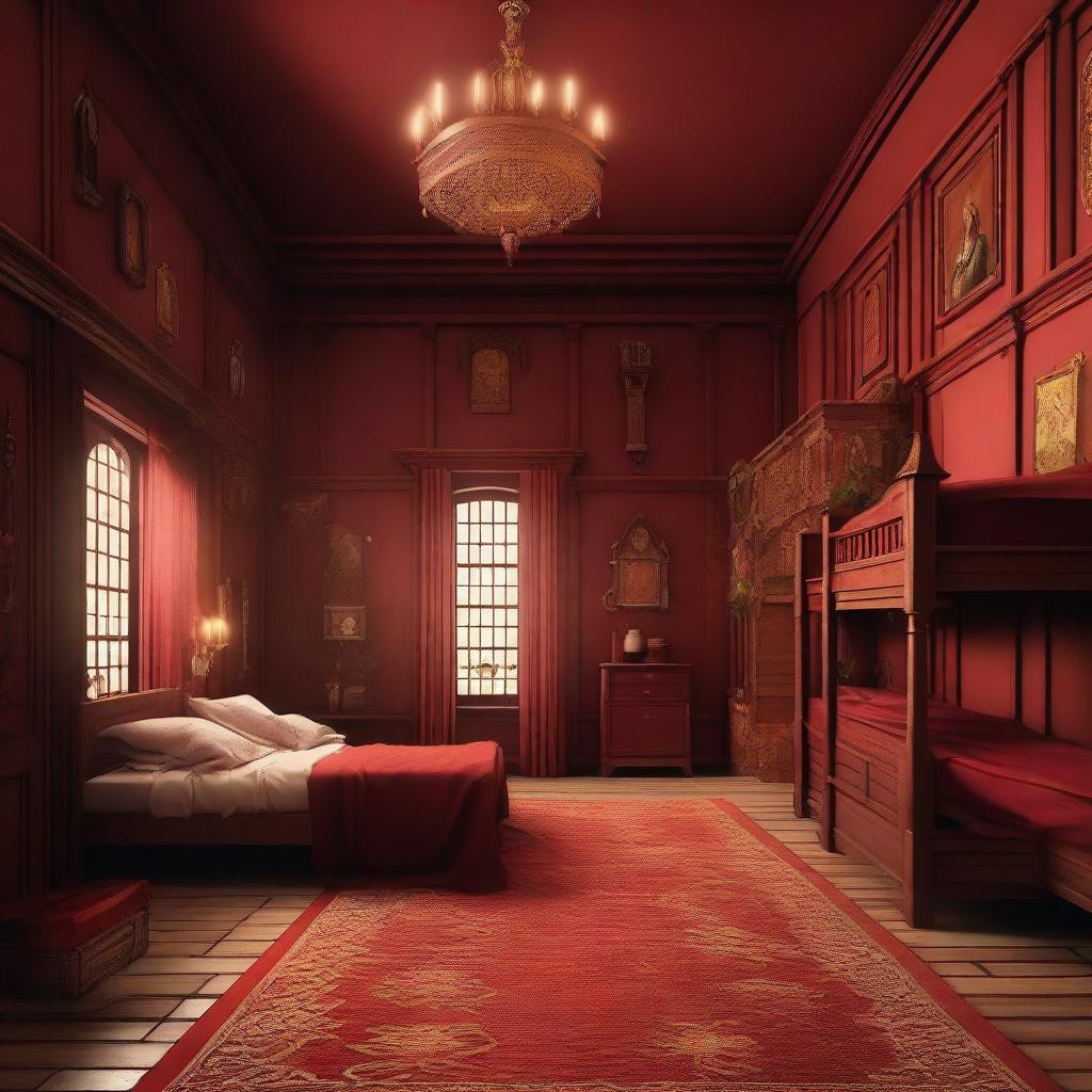 A digital art depiction of the spacious and cozy Gryffindor girls' dormitory in Hogwarts, featuring warm red wood walls, scarlet and gold carpeting, beds with delicate canopies, and comfortable communal areas