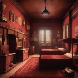 A digital art depiction of the spacious and cozy Gryffindor girls' dormitory in Hogwarts, featuring warm red wood walls, scarlet and gold carpeting, beds with delicate canopies, and comfortable communal areas