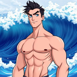 A tall, handsome white man with black hair and ocean blue eyes, showcasing a fit physique with visible six-pack abs