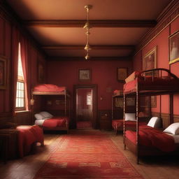 A digital art depiction of the spacious and cozy Gryffindor girls' dormitory in Hogwarts, featuring warm red wood walls, scarlet and gold carpeting, beds with delicate canopies, and comfortable communal areas