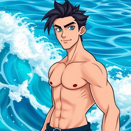 A tall, handsome white man with black hair and ocean blue eyes, showcasing a fit physique with visible six-pack abs