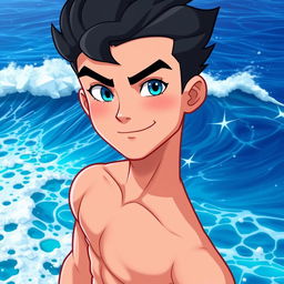 A tall, handsome white man with black hair and ocean blue eyes, showcasing a fit physique with visible six-pack abs