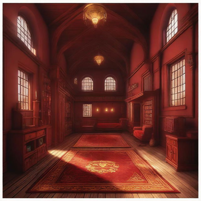 A digital art depiction of the spacious and cozy Gryffindor girls' dormitory in Hogwarts, featuring warm red wood walls, scarlet and gold carpeting, beds with delicate canopies, and comfortable communal areas