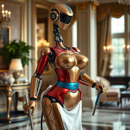A beautiful, sexy robot maid designed for household chores, featuring large breasts, a small waist, and a curvy figure with well-defined metal joints visible