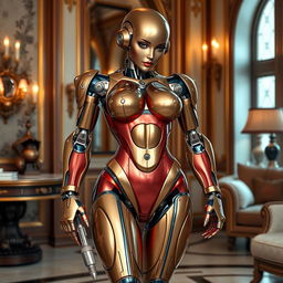 A beautiful, sexy robot maid designed for household chores, featuring large breasts, a small waist, and a curvy figure with well-defined metal joints visible