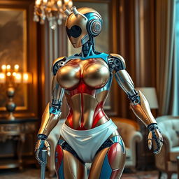 A beautiful, sexy robot maid designed for household chores, featuring large breasts, a small waist, and a curvy figure with well-defined metal joints visible