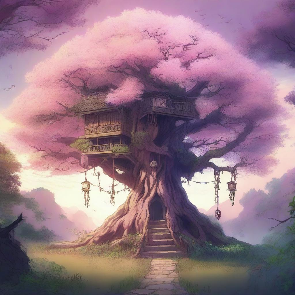 This is a high-quality digital art piece in anime style, featuring a massive tree with a myriad of branches and lush leaves