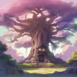 This is a high-quality digital art piece in anime style, featuring a massive tree with a myriad of branches and lush leaves