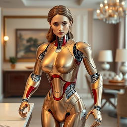 A stunningly beautiful female robot designed for household chores, with a European woman's face