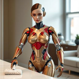 A stunningly beautiful female robot designed for household chores, with a European woman's face