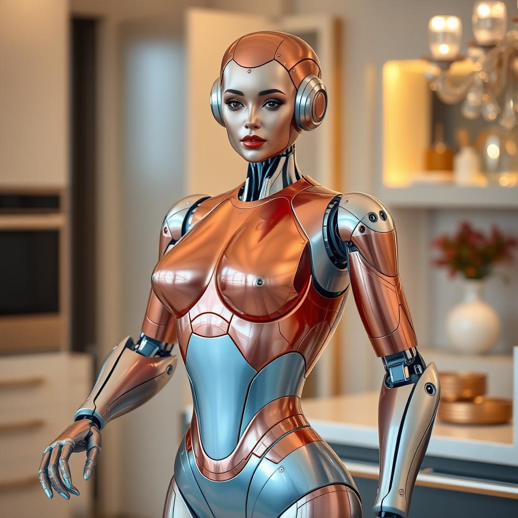 A stunningly beautiful female robot designed for household chores, with a European woman's face