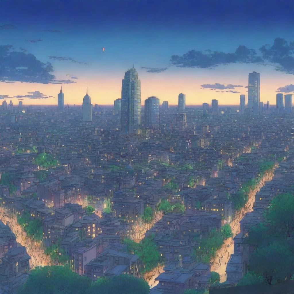 This is a high-resolution image of a sprawling anime-style cityscape at twilight