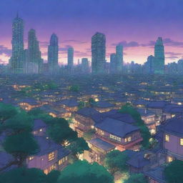 This is a high-resolution image of a sprawling anime-style cityscape at twilight