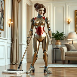 A stunningly beautiful humanoid robot designed for household chores, featuring a body that is predominantly humanoid with 70% human-like skin and 30% mechanical skin
