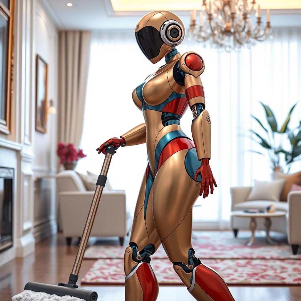 A stunningly beautiful humanoid robot designed for household chores, featuring a body that is predominantly humanoid with 70% human-like skin and 30% mechanical skin