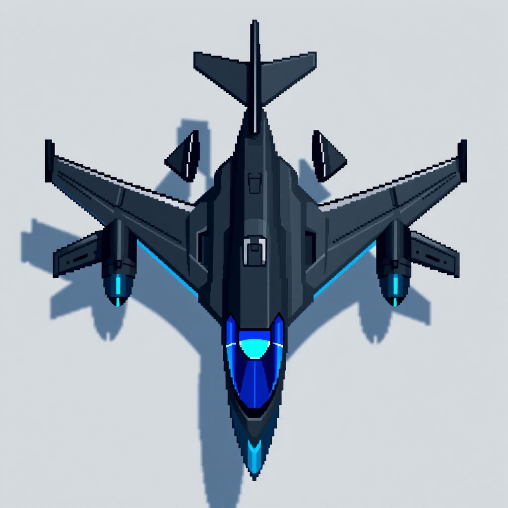 A dark gray and blue futuristic airplane designed in pixel art style, viewed from above, showcasing its sleek and modern features