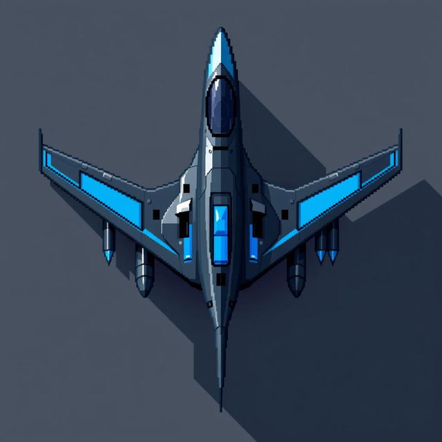 A dark gray and blue futuristic airplane designed in pixel art style, viewed from above, showcasing its sleek and modern features