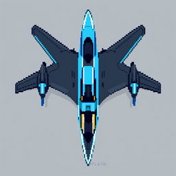 A dark gray and blue futuristic airplane designed in pixel art style, viewed from above, showcasing its sleek and modern features
