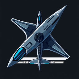 A dark gray and blue futuristic airplane designed in pixel art style, viewed from above, showcasing its sleek and modern features