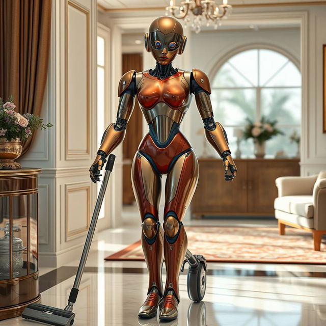 A stunningly beautiful humanoid robot designed for household chores, featuring a body that is predominantly humanoid with 70% human-like skin and 30% mechanical skin