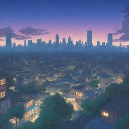 This is a high-resolution image of a sprawling anime-style cityscape at twilight