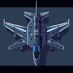 A large dark gray and blue futuristic airplane designed in pixel art style, viewed from above, showcasing its impressive size and sleek design